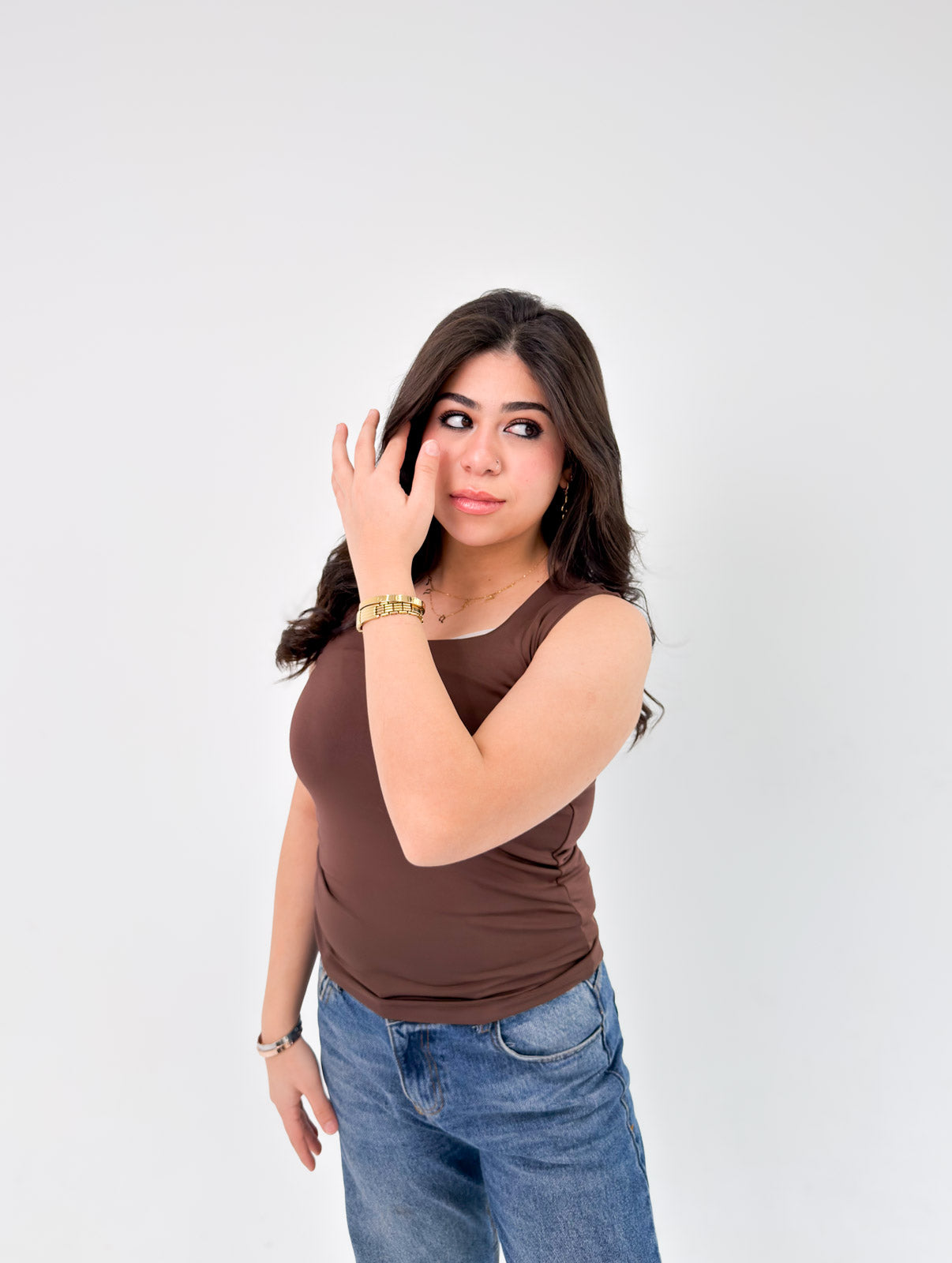 Brown Square Neck Basic Tank Top - Full Double Layer