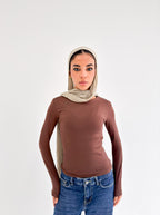 Brown Round Neck Long Sleeve Basic Top