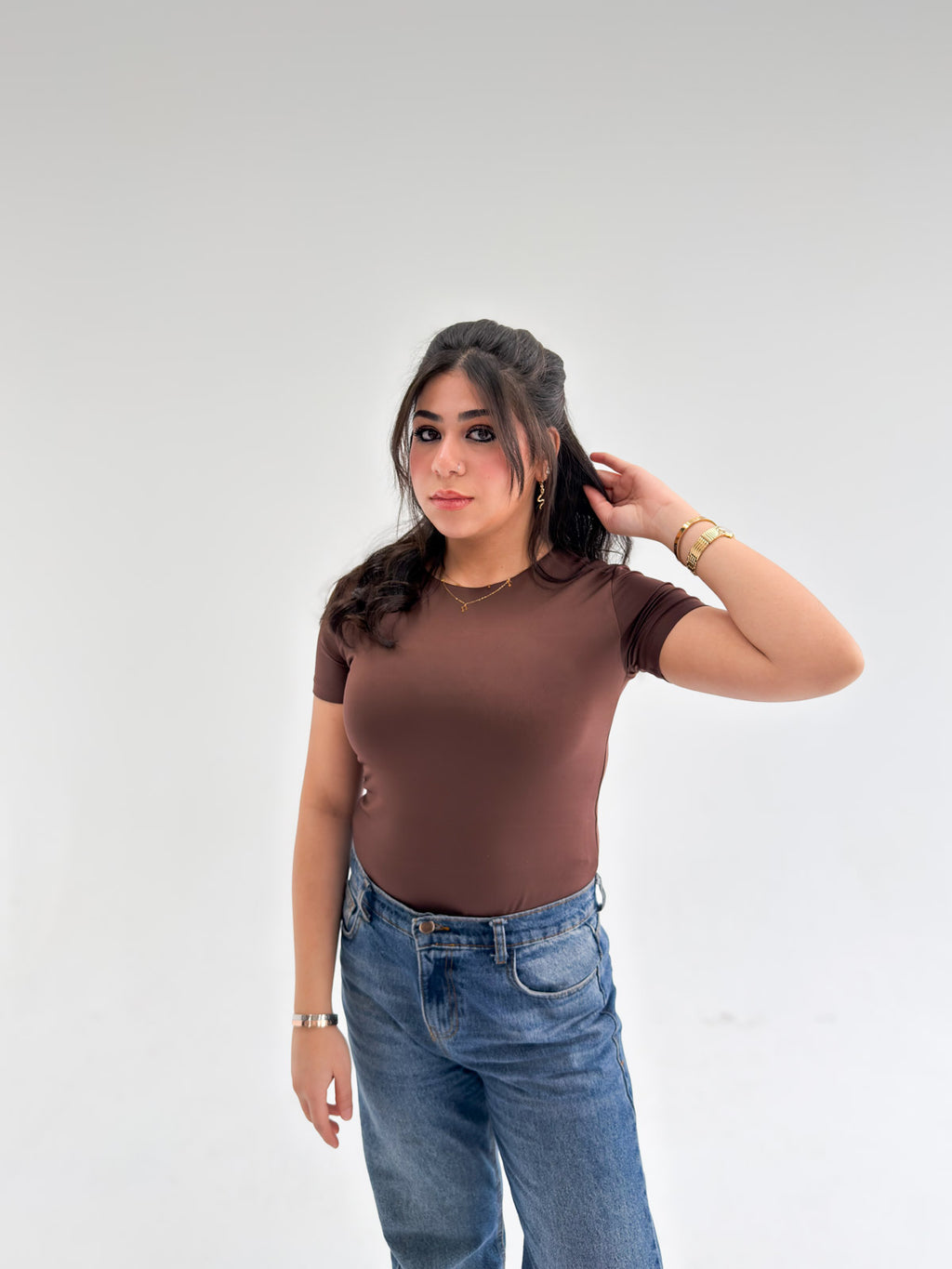 Brown Round Neck Short Sleeve Basic Top