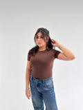 Brown Round Neck Short Sleeve Basic Top