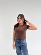 Brown Round Neck Short Sleeve Basic Top