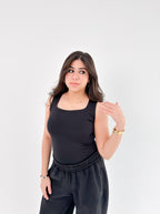 Black Square Neck Basic Tank Top - Full Double Layer