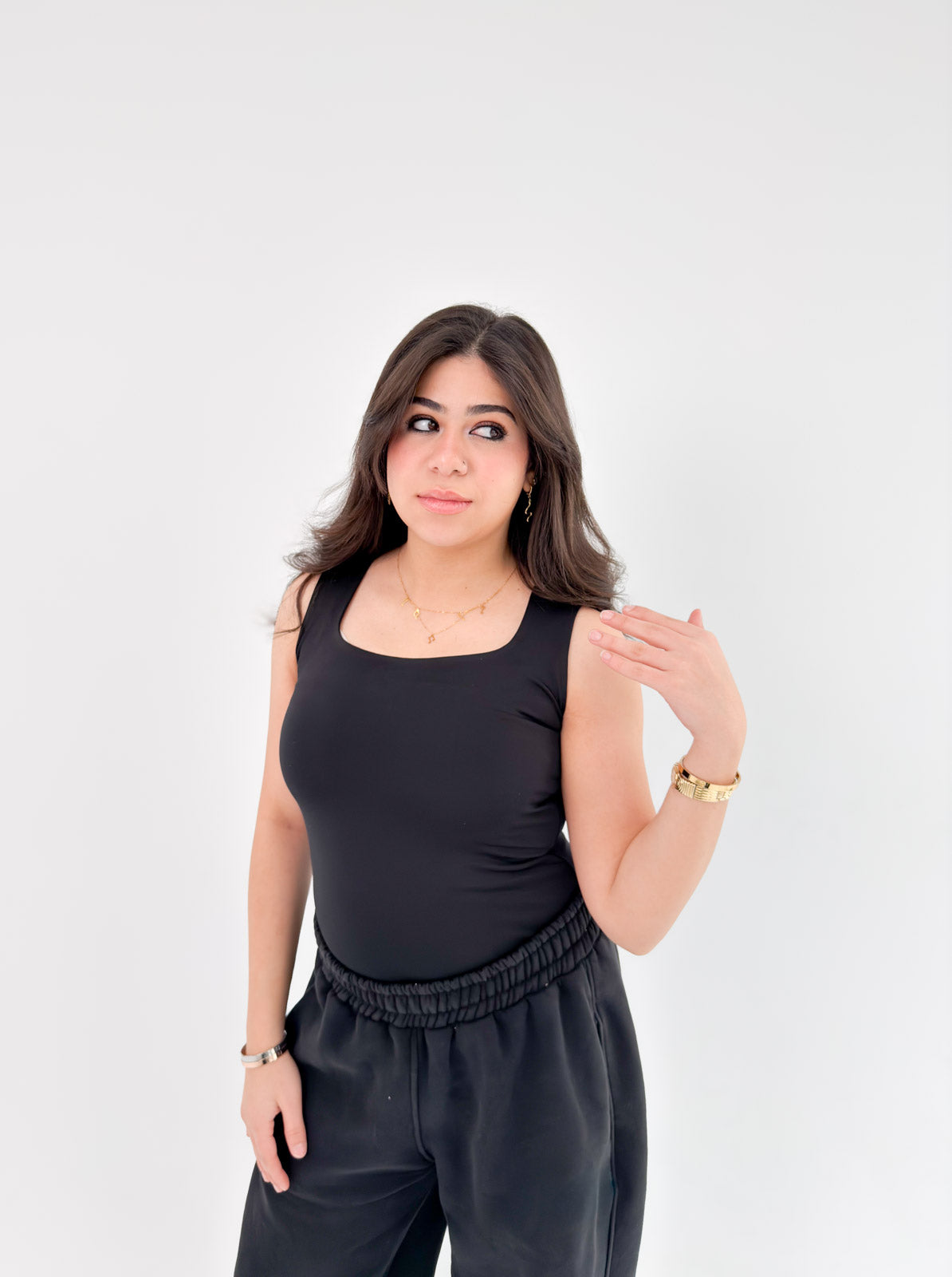 Black Square Neck Basic Tank Top - Full Double Layer