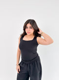 Black Square Neck Basic Tank Top - Full Double Layer