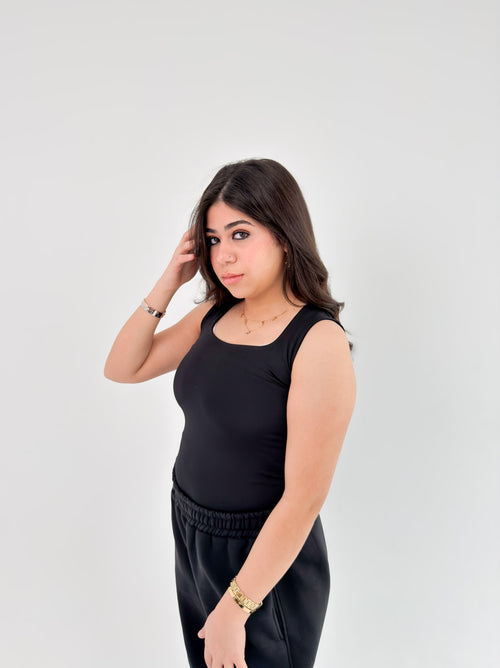 Black Square Neck Basic Tank Top - Full Double Layer